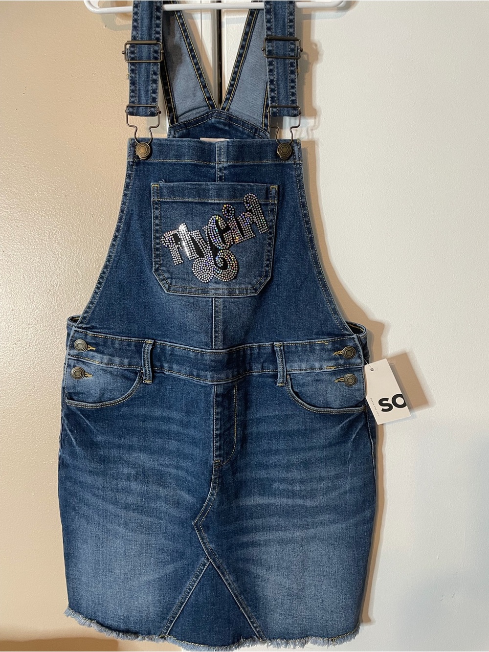 SO Dark Blue Denim Overall Dress with Embellished Pocket